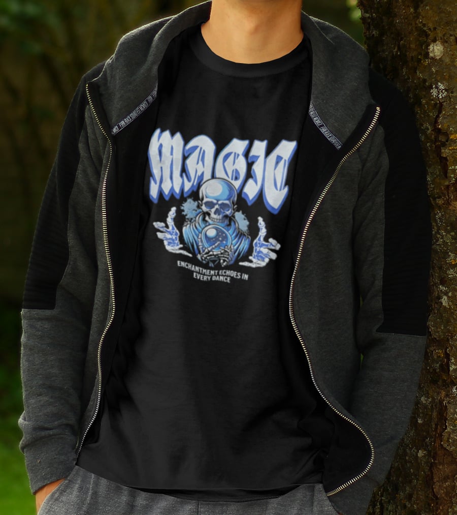 Magic Enchantment Echoes Skeleton Holding Glowing Crystal Ball T-Shirt