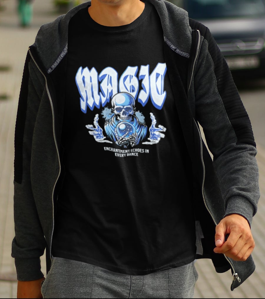 Magic Enchantment Echoes Skeleton Holding Glowing Crystal Ball T-Shirt