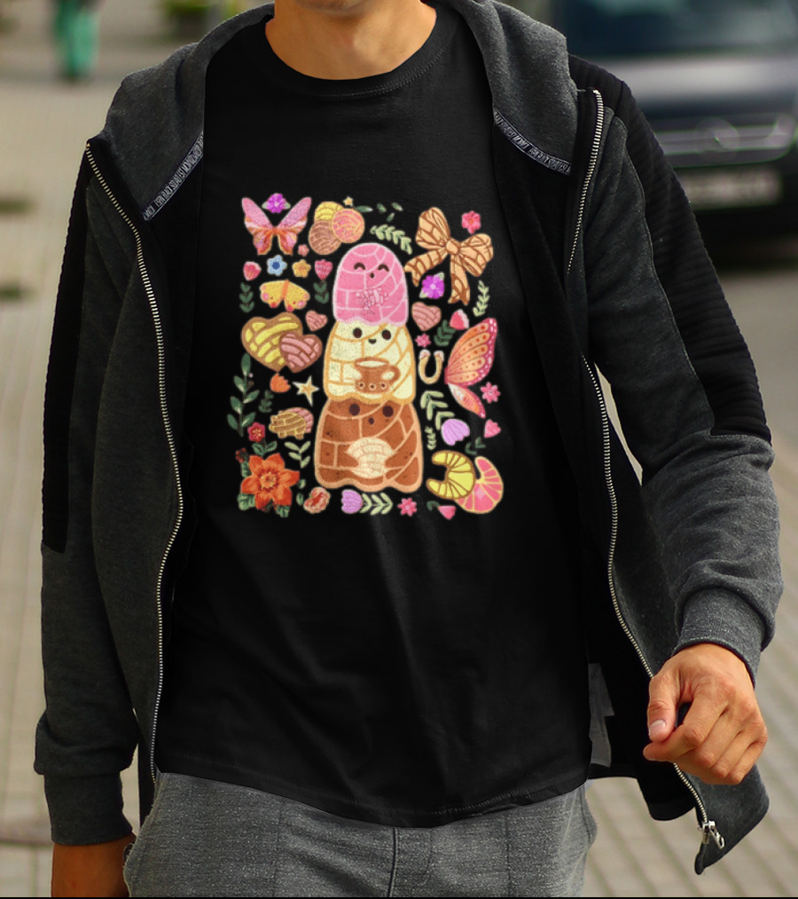Stacked Concha Bread Characters With Colorful Flowers And Butterflies T-Shirt