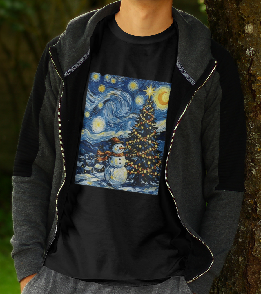 Starry Snowman Christmas Night With Tree And Sky T-Shirt