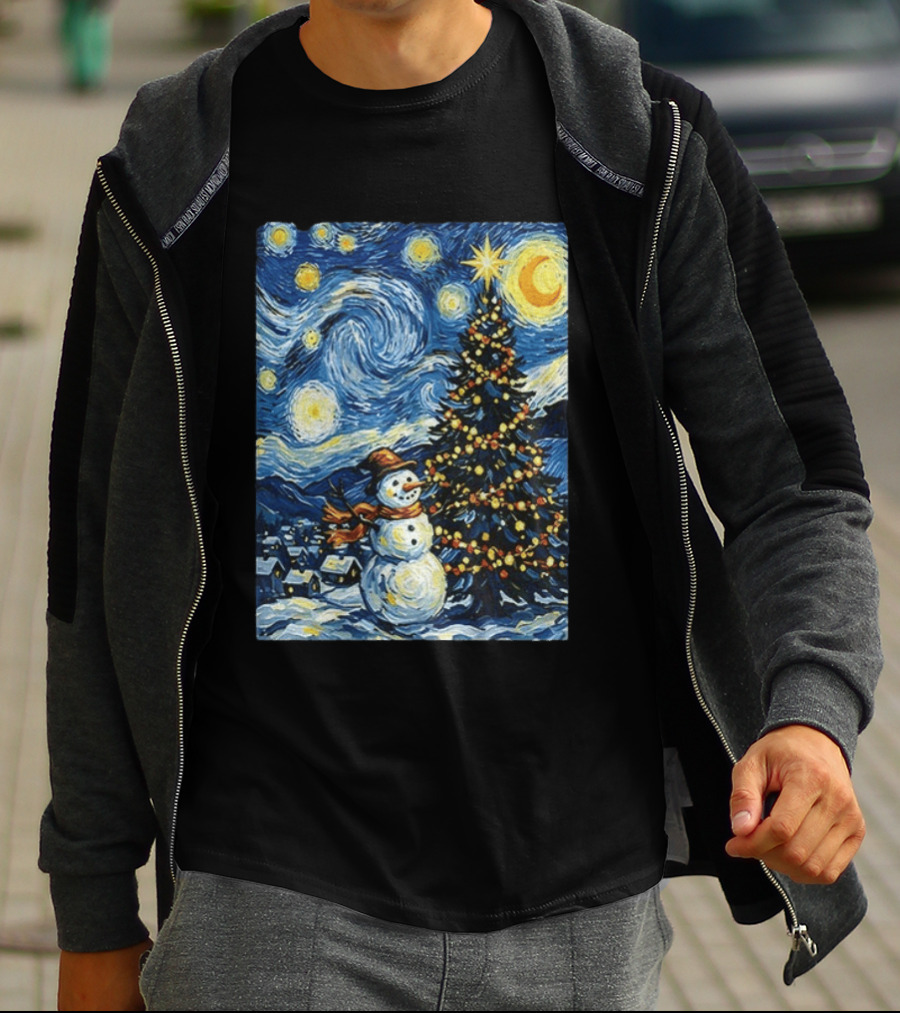 Starry Snowman Christmas Night With Tree And Sky T-Shirt