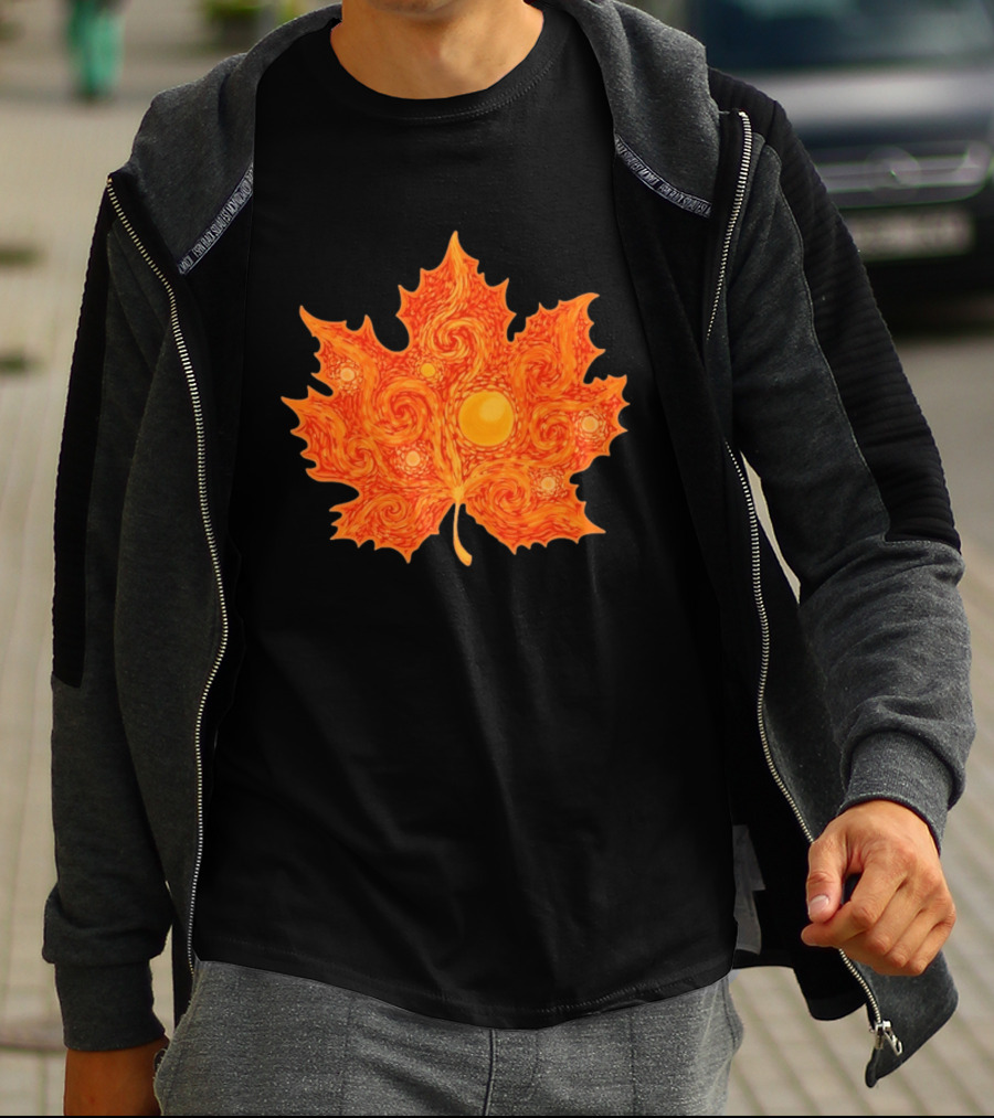 Starry Night Orange Maple Leaf Autumn Swirl T-Shirt