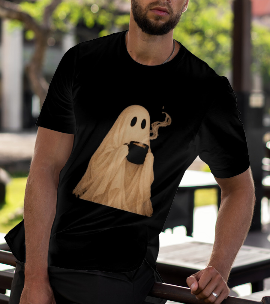 Ghost Spooky Coffee Bar Halloween Cozy Ghost Holding Coffee Steam T-Shirt