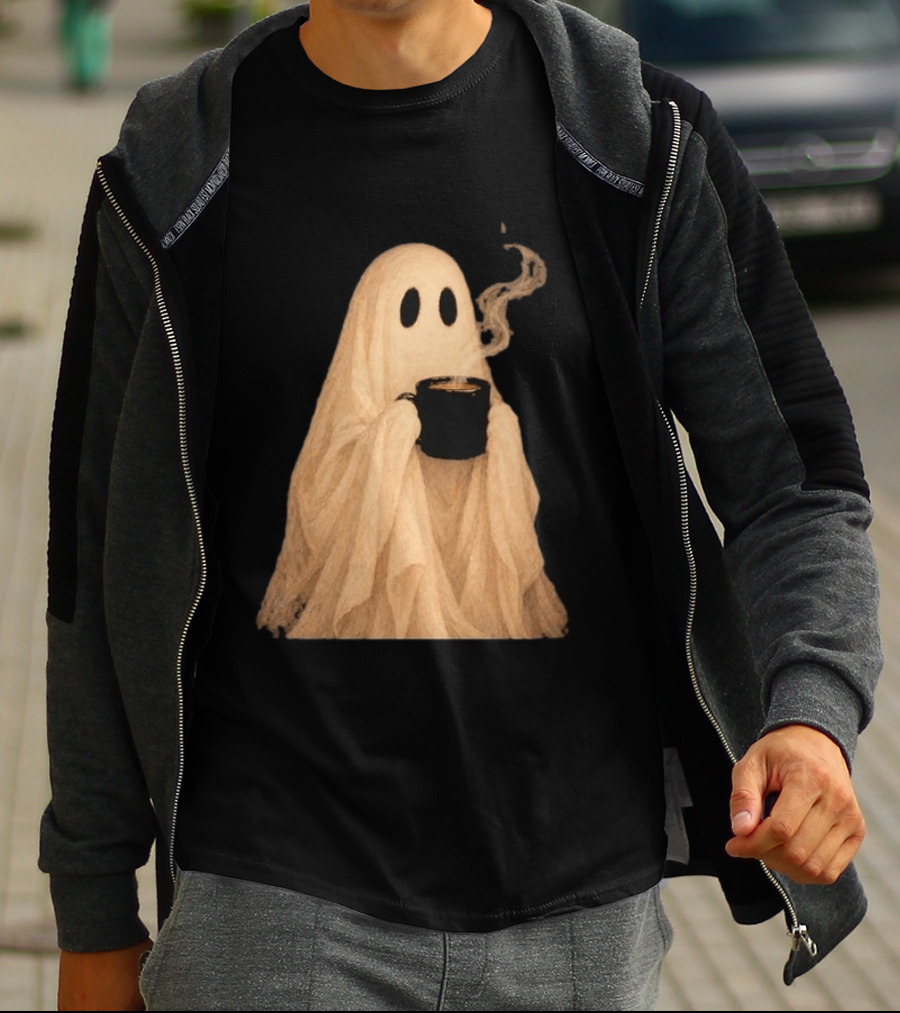 Ghost Spooky Coffee Bar Halloween Cozy Ghost Holding Coffee Steam T-Shirt