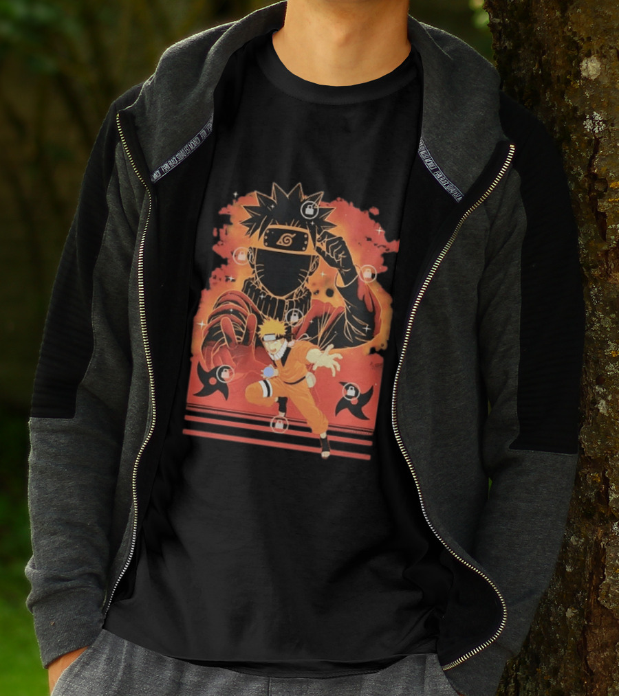 Naruto Uzumaki Ninja Action Anime Manga Shadow Clone Jutsu Shuriken Flames T-Shirt