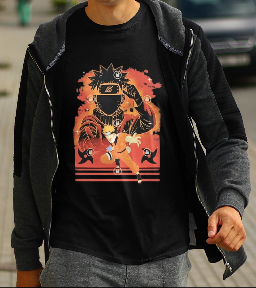 Naruto Uzumaki Ninja Action Anime Manga Shadow Clone Jutsu Shuriken Flames T-Shirt