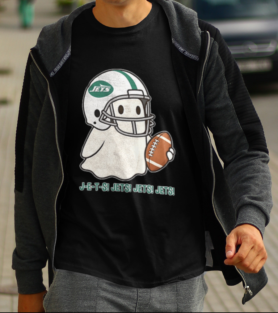 J E S Jets Jets Jets New York Jets Football Helmet Ghost Holding Football T-Shirt