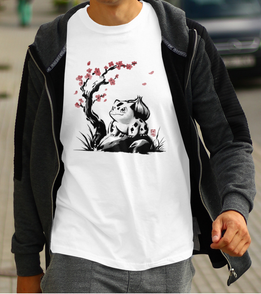 Bulbasaur Sumi E Ink Wash Painting With Cherry Blossom Pokemon T-Shirt