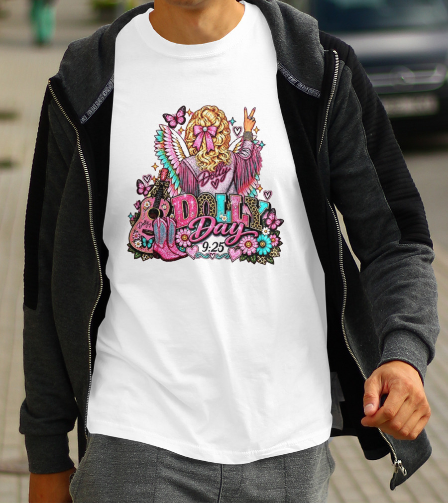 Dolly Day 9.25 Pink Cowgirl Boots Guitar Western Butterflies Hearts T-Shirt