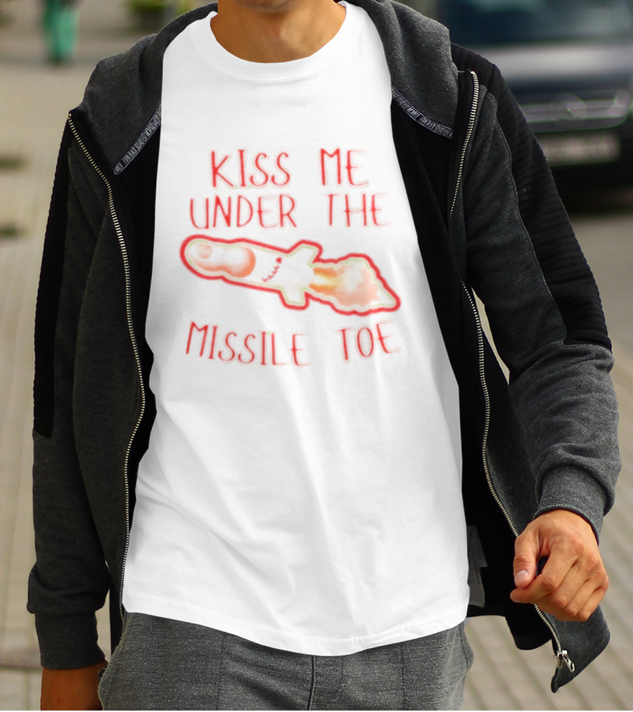 Kiss Me Under The Missile Toe Bold Text Playful Christmas Pun T-Shirt