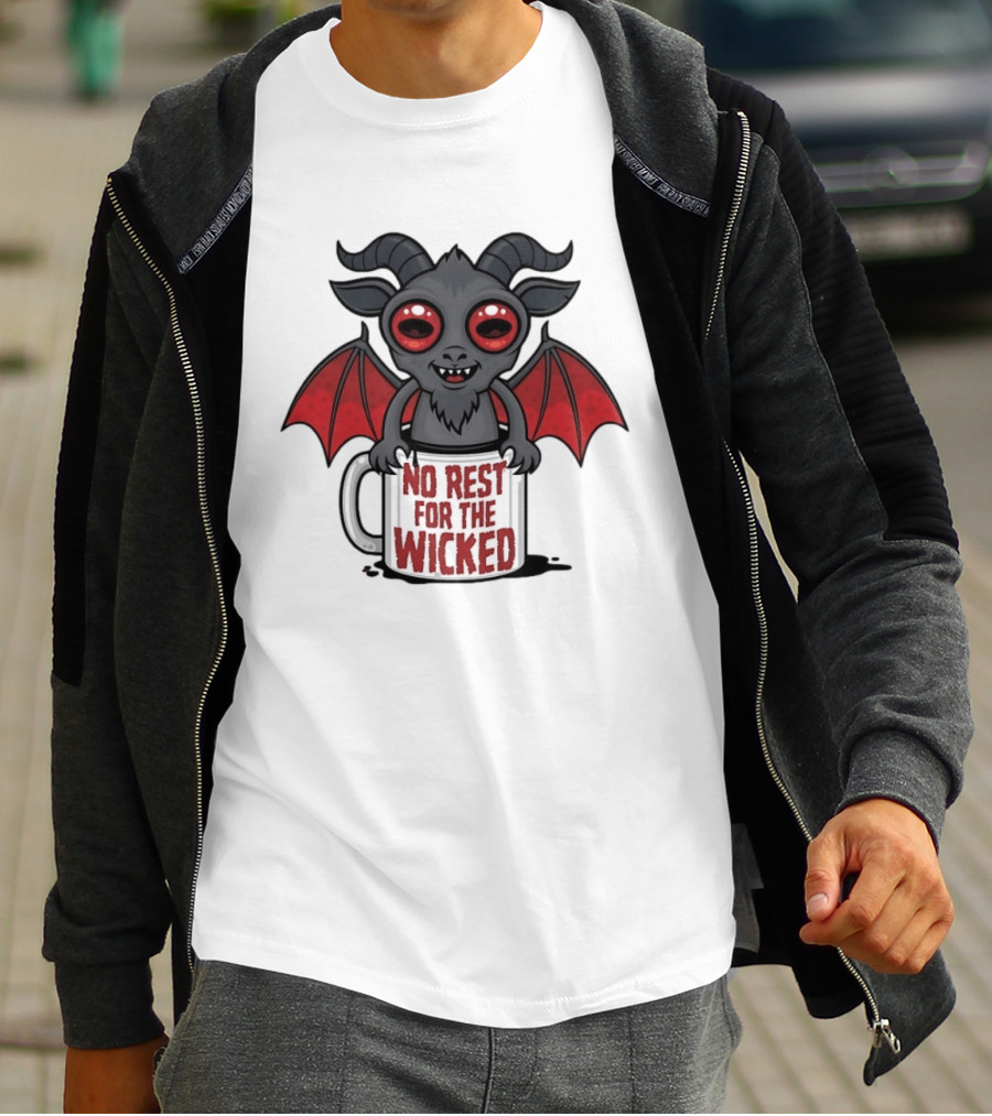 No Rest For The Wicked Little Demon Coffee Red Eyed Bat Wings T-Shirt