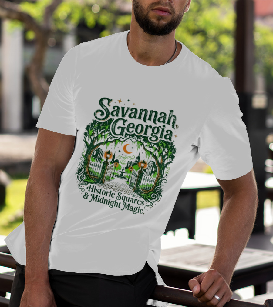 Savannah Georgia Historic Squares Midnight Magic Crescent Moon And Lanterns T-Shirt