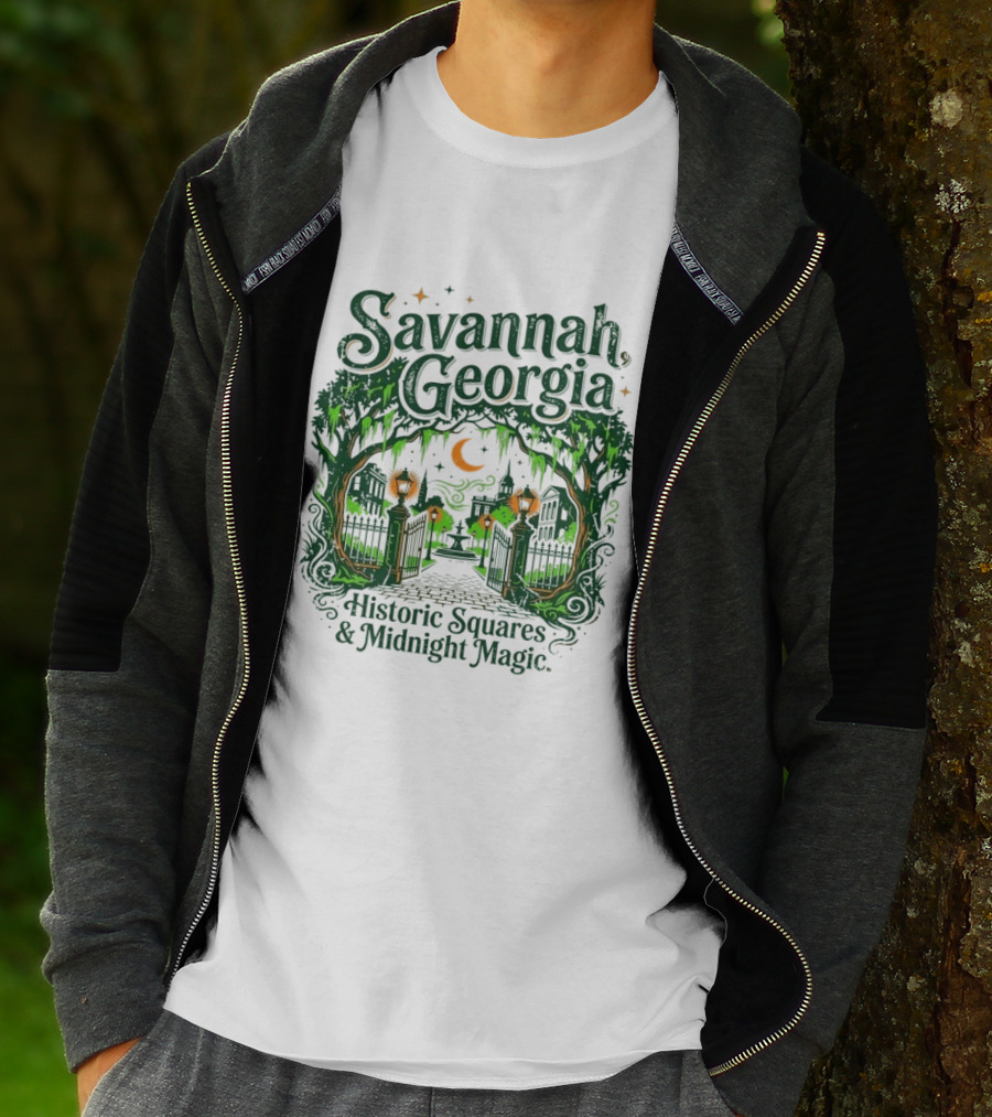 Savannah Georgia Historic Squares Midnight Magic Crescent Moon And Lanterns T-Shirt