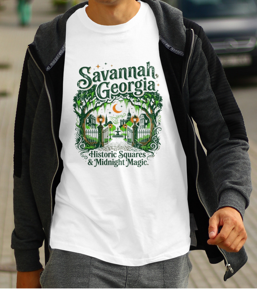 Savannah Georgia Historic Squares Midnight Magic Crescent Moon And Lanterns T-Shirt