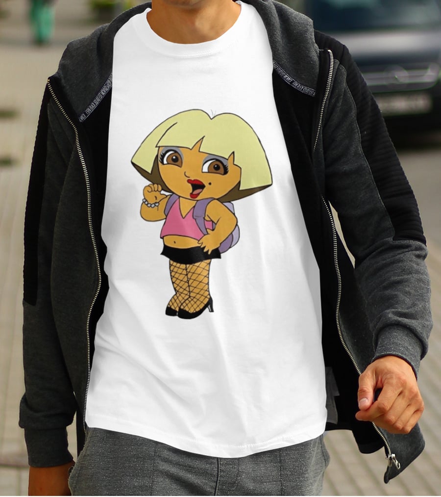 Explorer Parody Cartoon Mashup Pop Culture Icon With Backpack And Fishnets T-Shirt