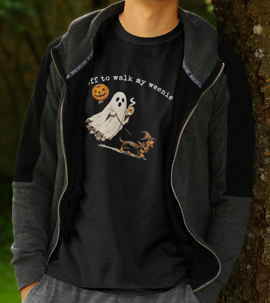 Ghost Walking With Pumpkin Balloon And Dachshund Halloween Fun T-Shirt
