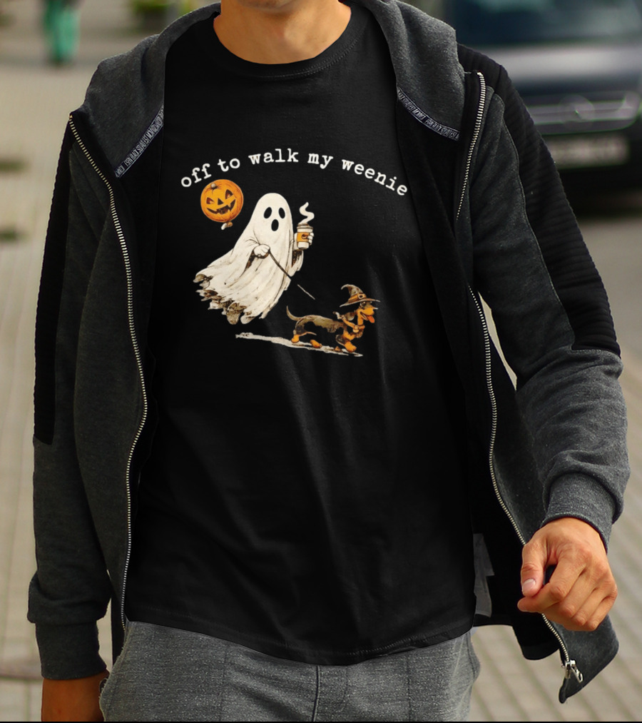 Ghost Walking With Pumpkin Balloon And Dachshund Halloween Fun T-Shirt