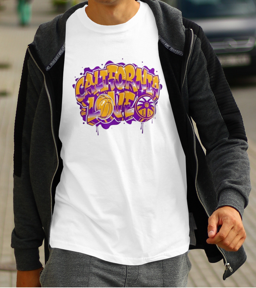 California Love Los Angeles Basketball LA Graffiti Style With Palm Trees And Purple Basketball T-Shirt