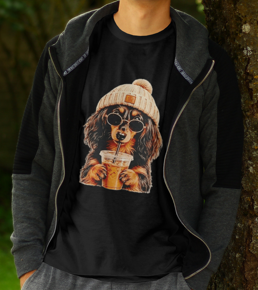 Dachshund Beanie Sunglasses Iced Coffee Trendy Dog Fashion T-Shirt