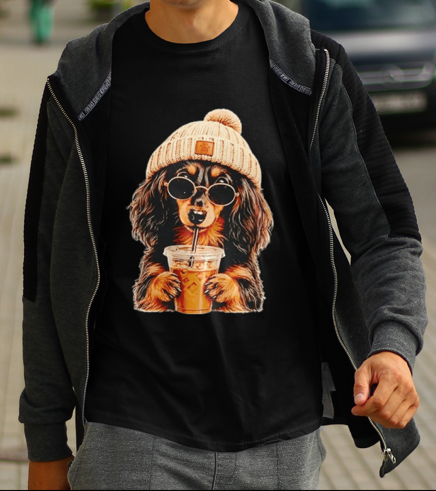 Dachshund Beanie Sunglasses Iced Coffee Trendy Dog Fashion T-Shirt