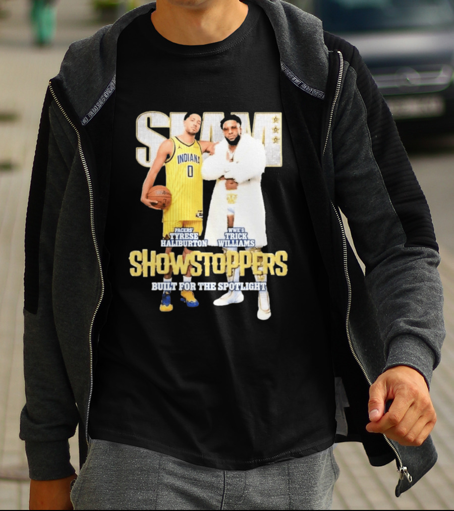 Slam Pacers Tyrese Haliburton WWE Trick Williams Showstoppers Built For The Spotlight T-Shirt
