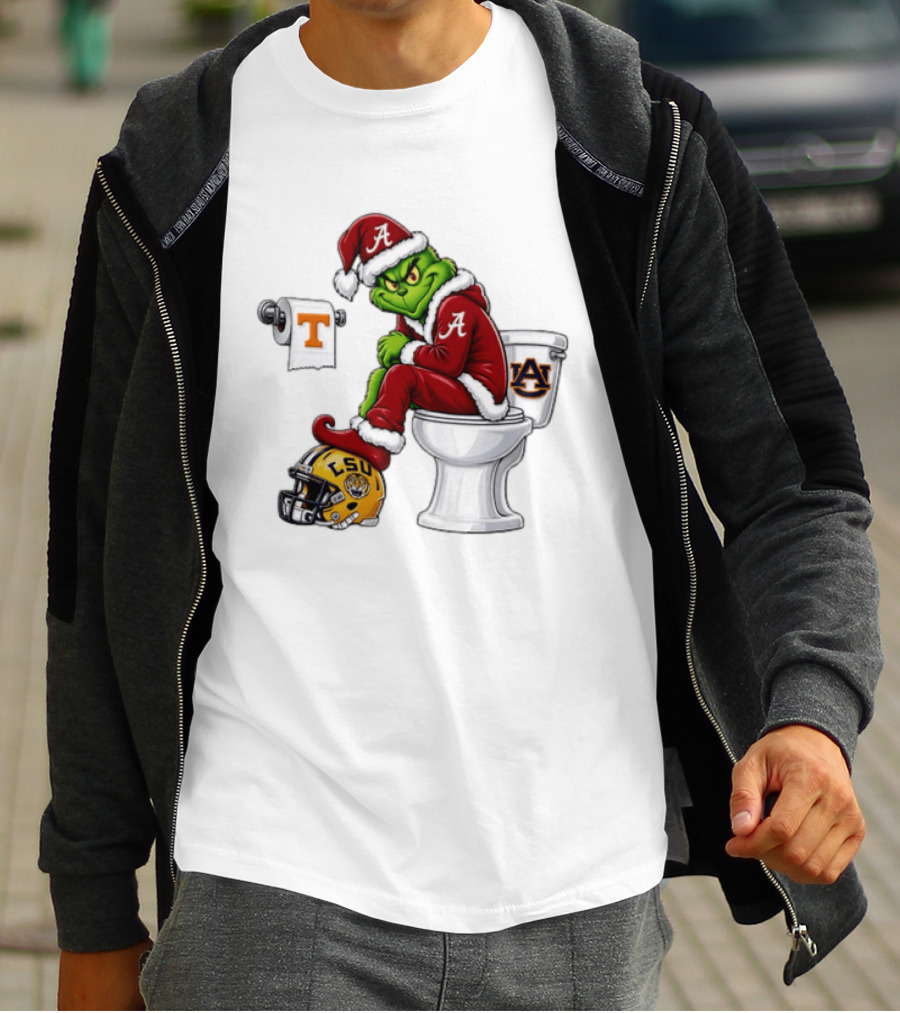Alabama Crimson Tide Santa Grinch Sitting Auburn Toilet LSU Helmet Christmas T-Shirt