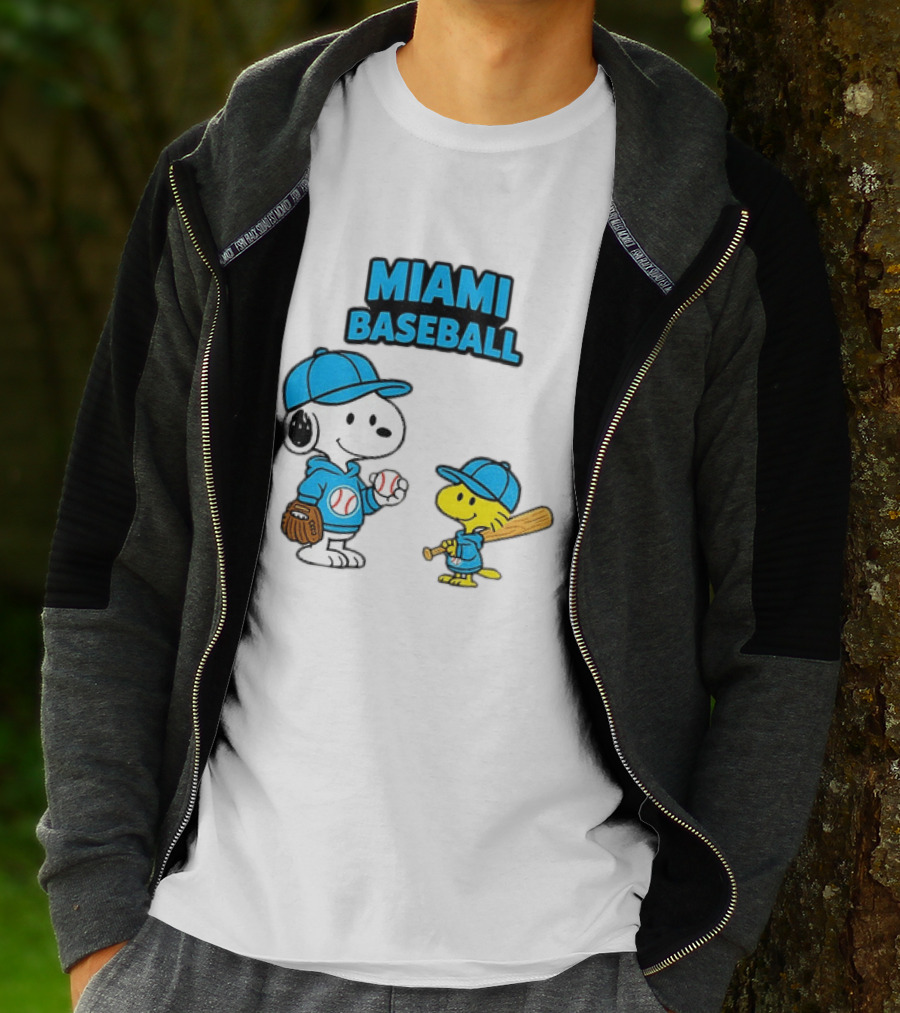 Snoopy Woodstock Miami Baseball Peanuts Cartoon MLB T-Shirt