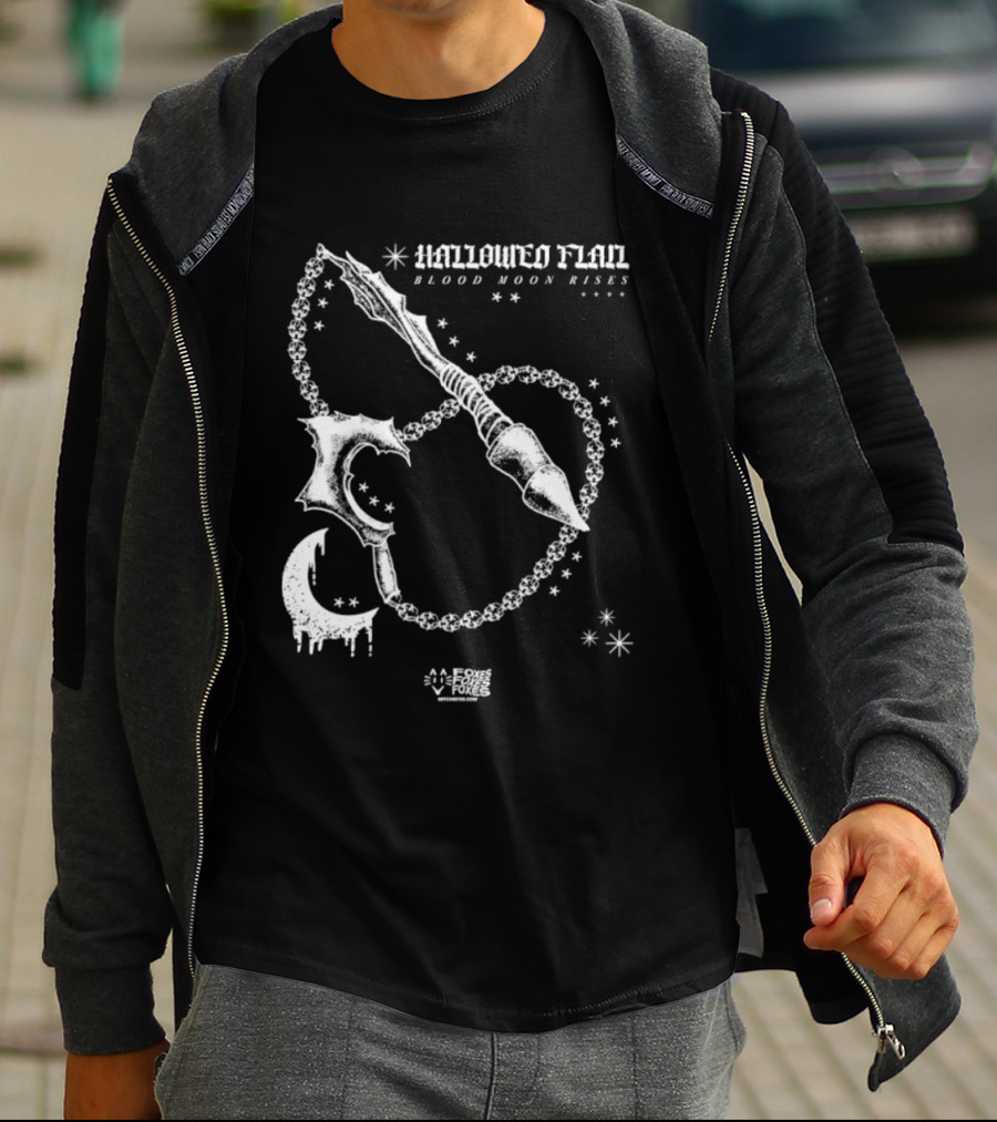 Hallowed Flan Blood Moon Rises Gothic Dark Fantasy Dripping Crescent Stars T-Shirt