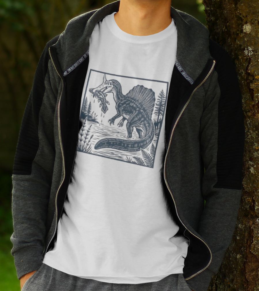 Spinosaurus Catching Fish With Forest T-Shirt