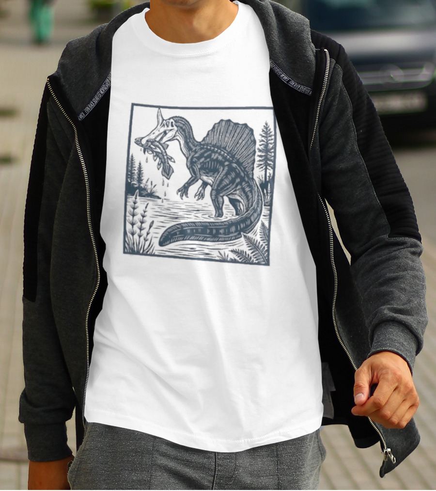 Spinosaurus Catching Fish With Forest T-Shirt