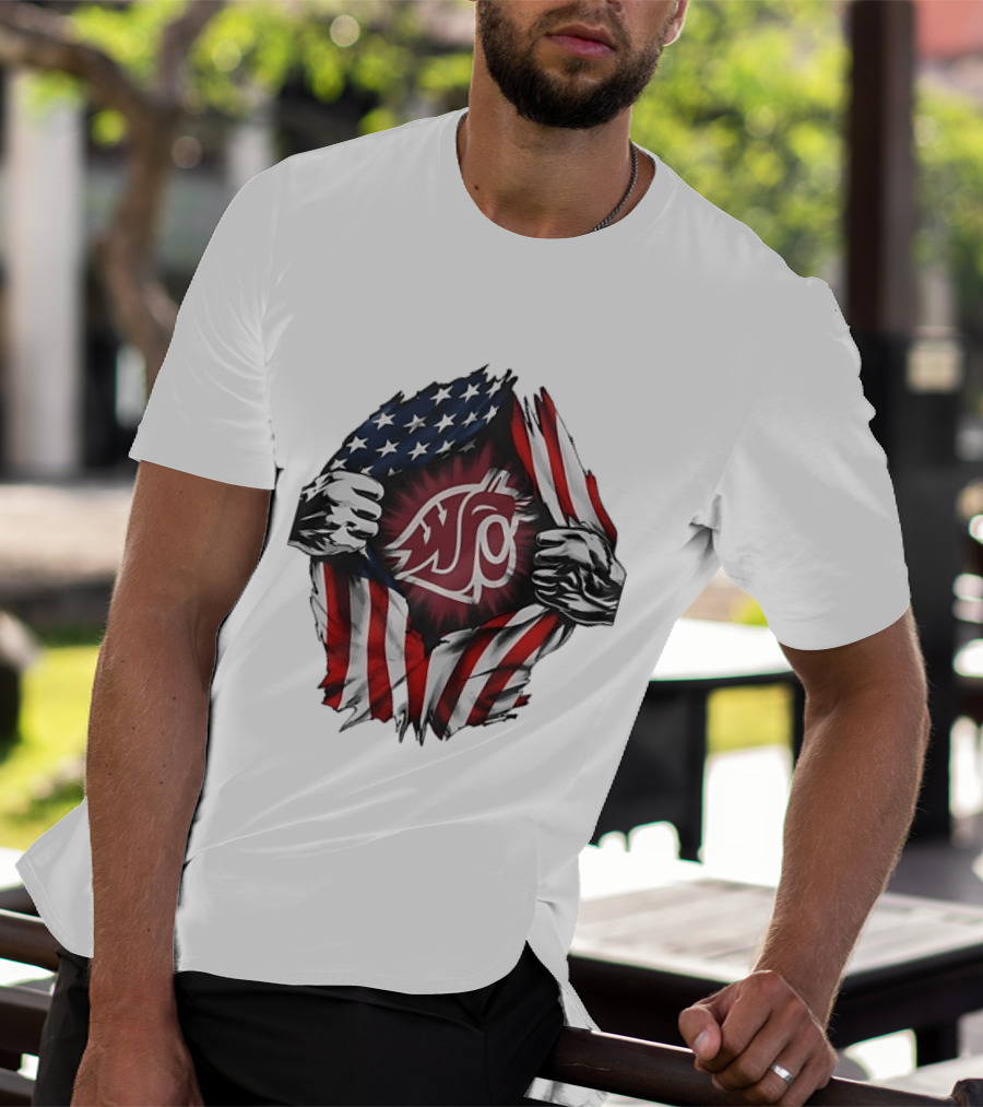 Washington State University Cougars American Flag Ripped Chest T-Shirt