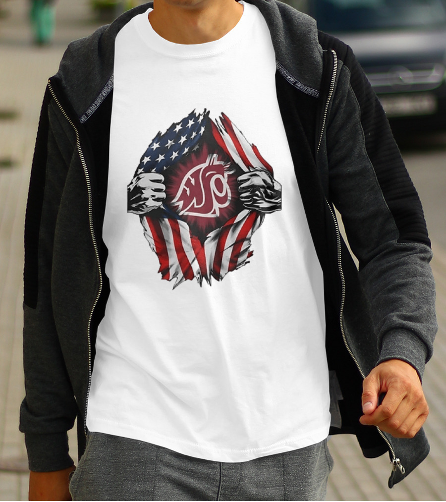 Washington State University Cougars American Flag Ripped Chest T-Shirt