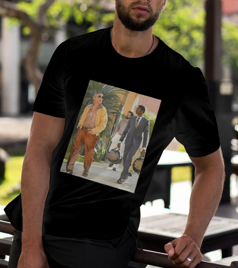 Men In Stylish Outfits Walking Outdoors With Bags T-Shirt