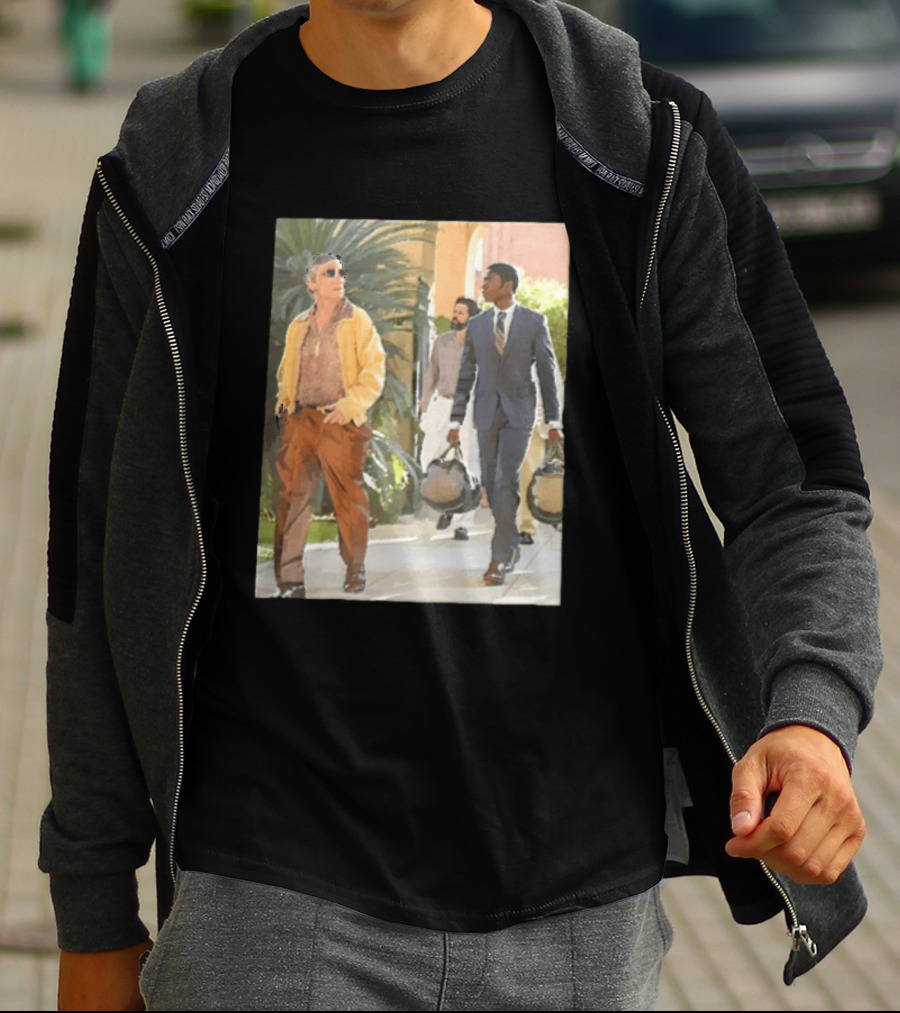 Men In Stylish Outfits Walking Outdoors With Bags T-Shirt
