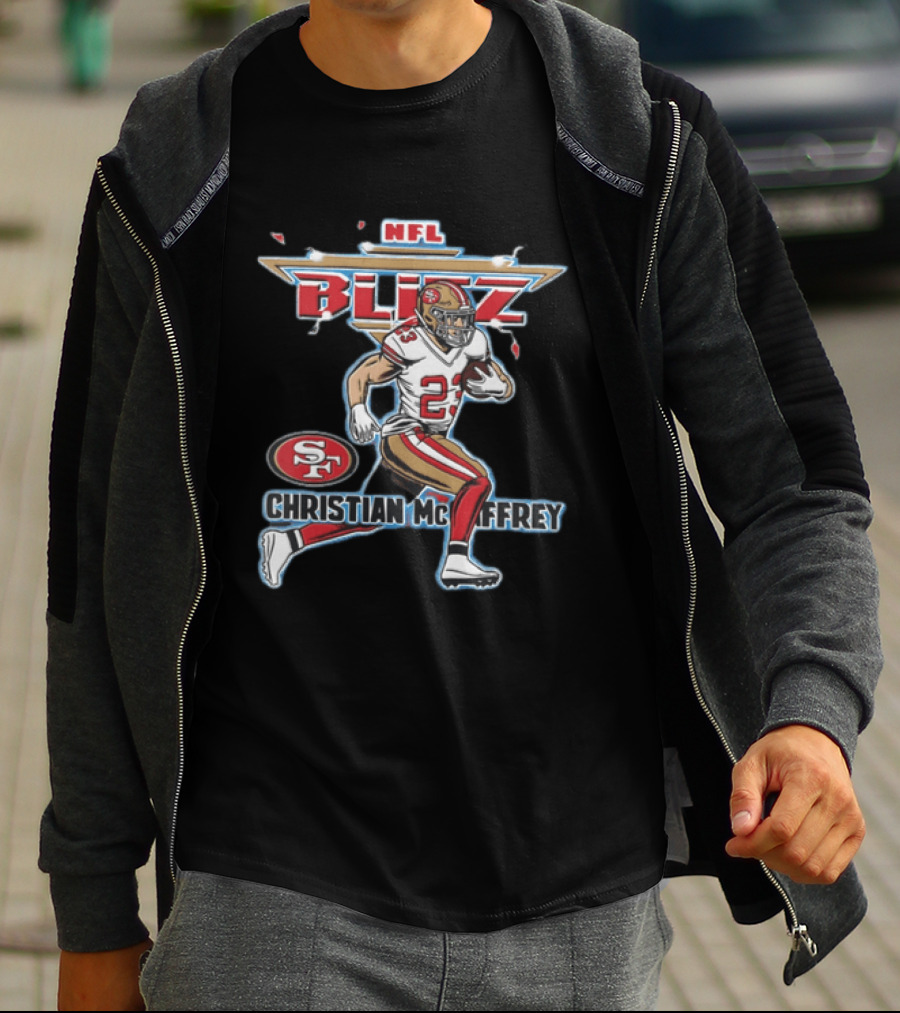 NFL Blitz 23 Christian McCaffrey San Francisco 49ers Football Player Running With Ball T-Shirt