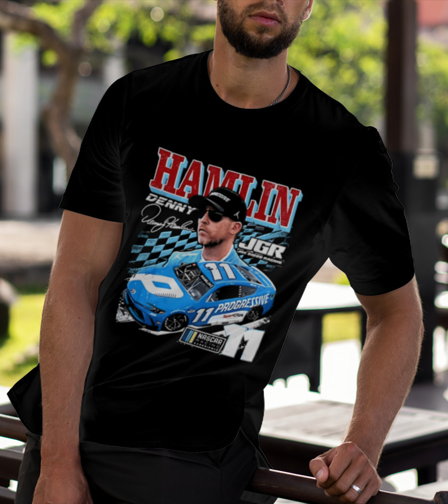 Denny Hamlin Joe Gibbs Racing NASCAR Progressive 11 Racer With Signature And Sunglasses T-Shirt