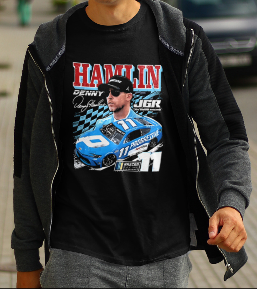 Denny Hamlin Joe Gibbs Racing NASCAR Progressive 11 Racer With Signature And Sunglasses T-Shirt
