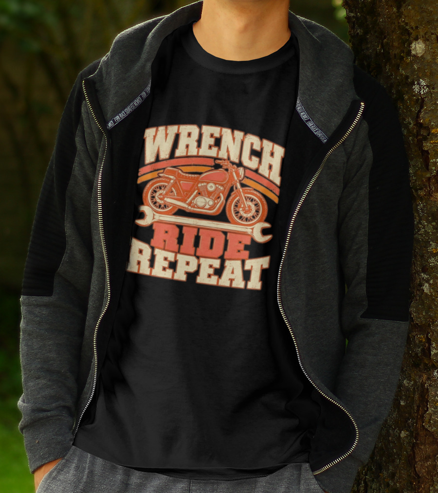 Wrench Ride Repeat Motorcycle Mechanic Distressed T-Shirt