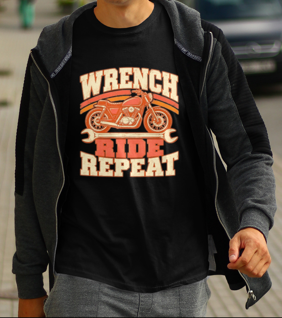 Wrench Ride Repeat Motorcycle Mechanic Distressed T-Shirt