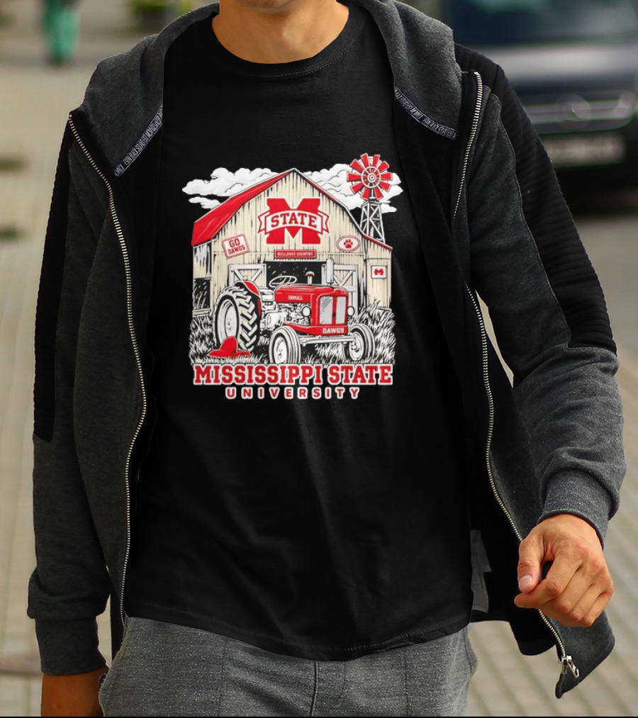 Mississippi State University Bulldogs Country Farmall Tractor Barn With Go Dawgs And Windmill T-Shirt