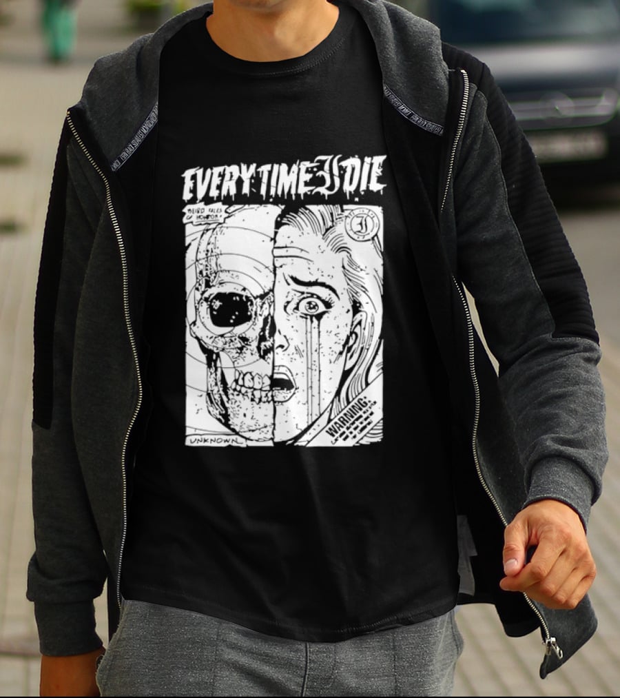 Every Time I Die Weird Tales Horror Warning Skull Face Half Human T-Shirt