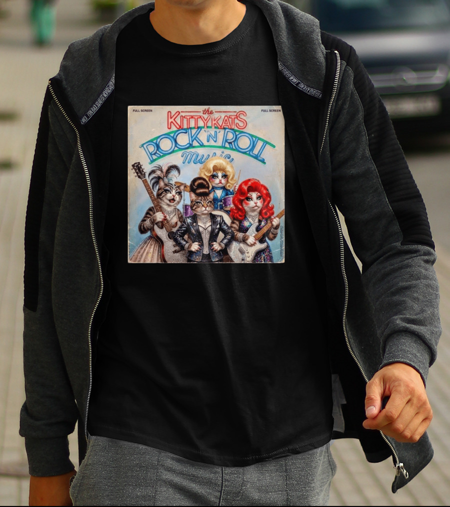The Kitty Kats Rock 'N' Roll Music Full Screen Vintage Cats With Guitars T-Shirt