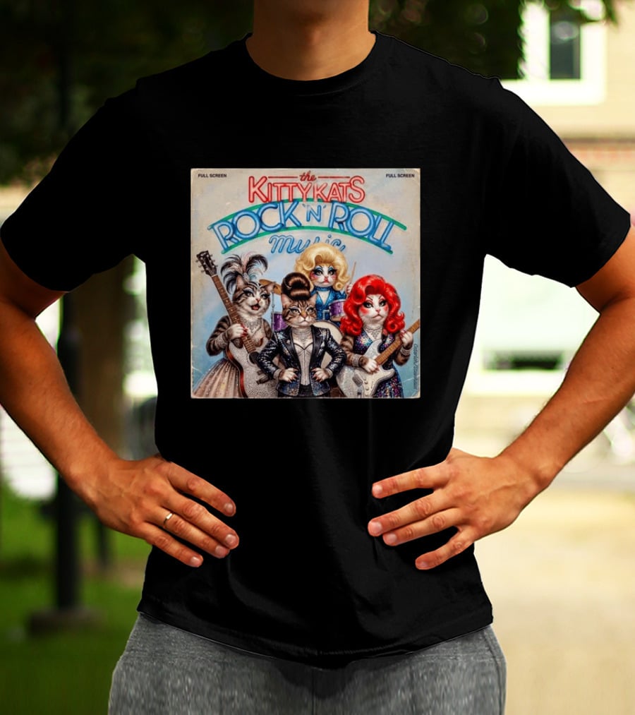 The Kitty Kats Rock 'N' Roll Music Full Screen Vintage Cats With Guitars T-Shirt