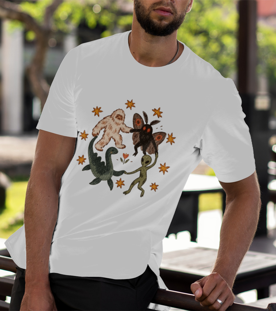 Bigfoot Mothman Loch Ness Monster Alien Dancing Cryptids With Stars T-Shirt