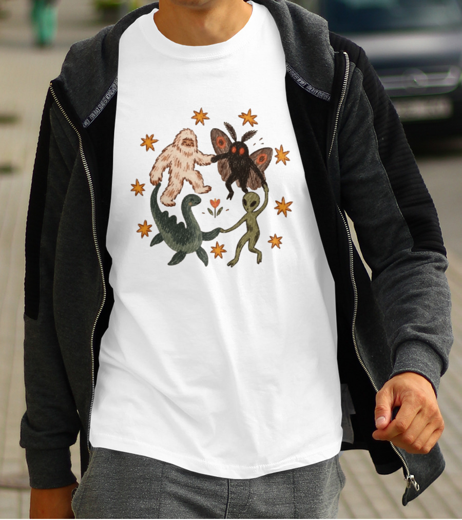 Bigfoot Mothman Loch Ness Monster Alien Dancing Cryptids With Stars T-Shirt