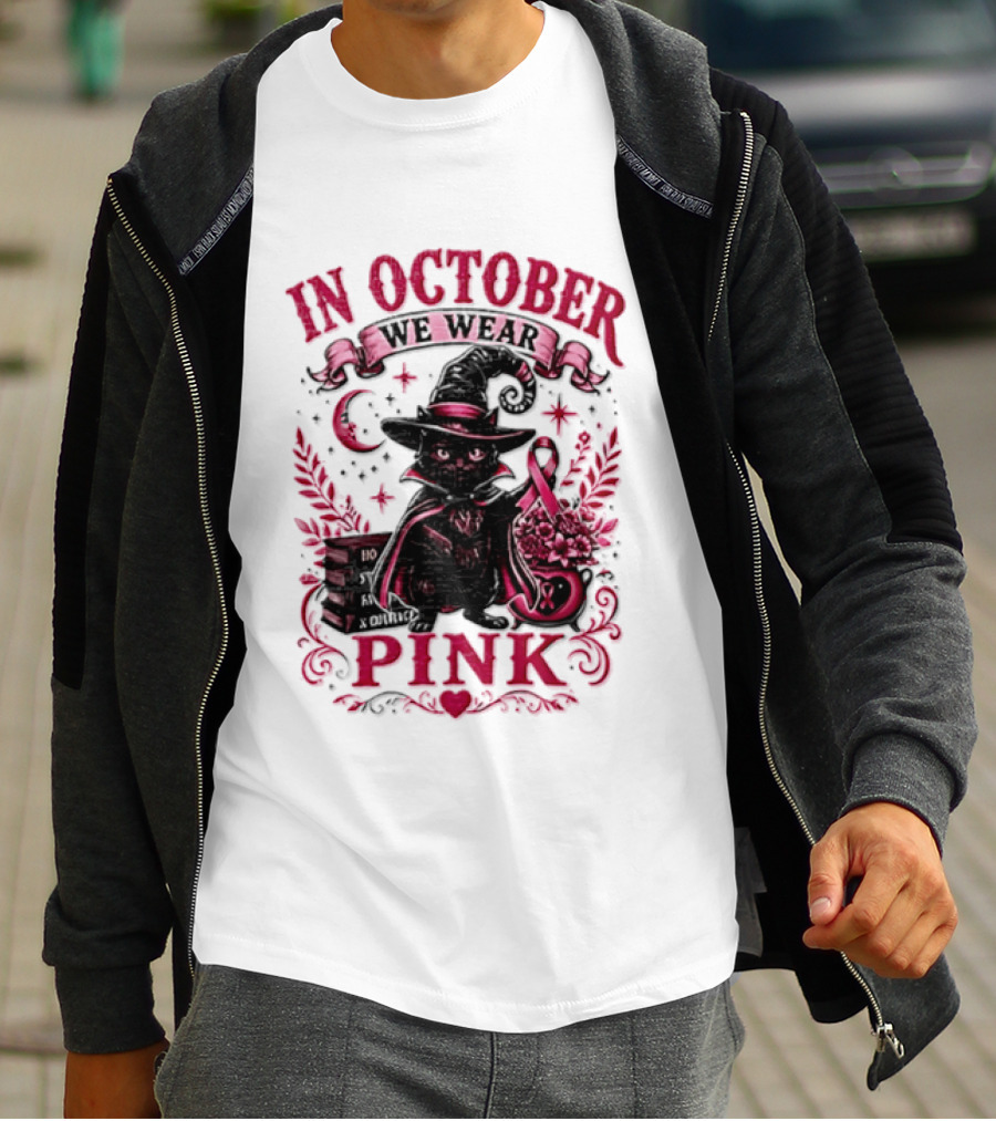 In October We Wear Pink Black Cat Witch Breast Cancer Awareness Month T-Shirt