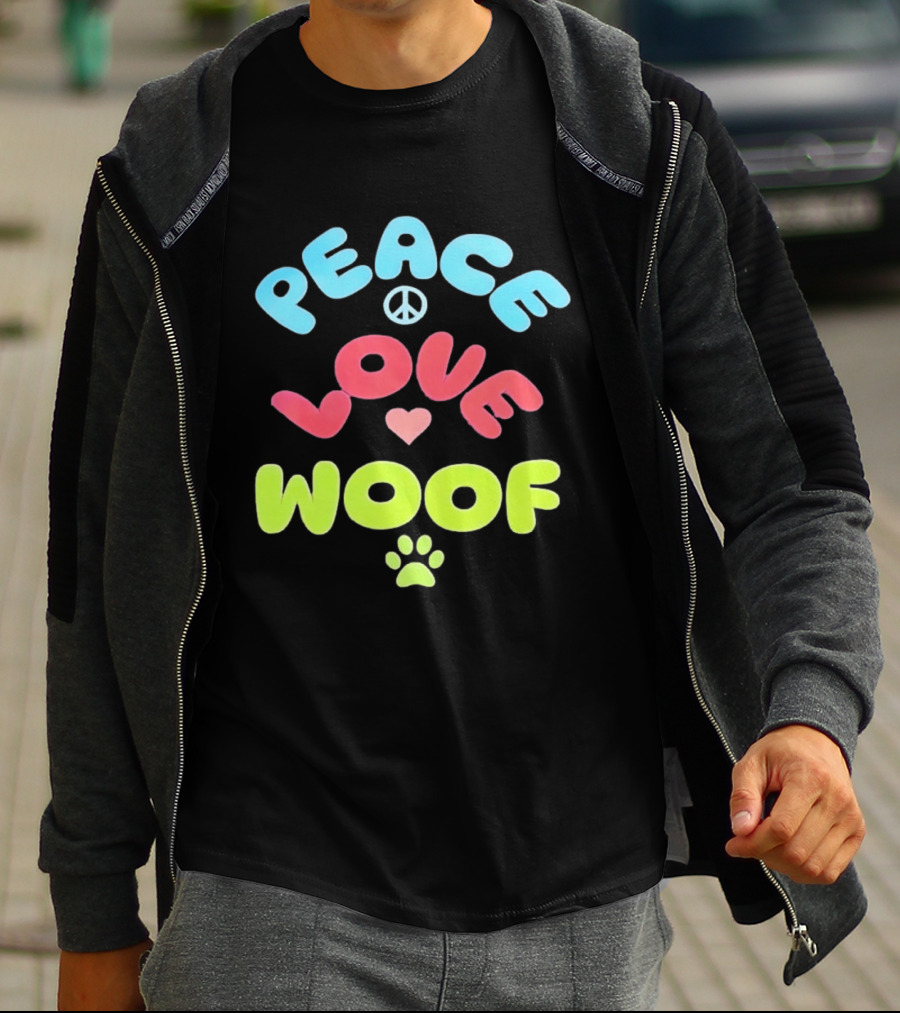 Peace Love Woof Paw Dog Lover Peace Sign Heart T-Shirt