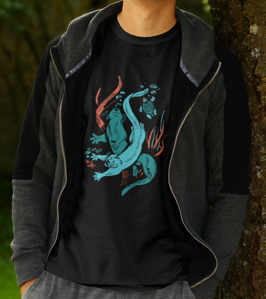 Two Otters Swimming Underwater With Turtle And Seaweed T-Shirt