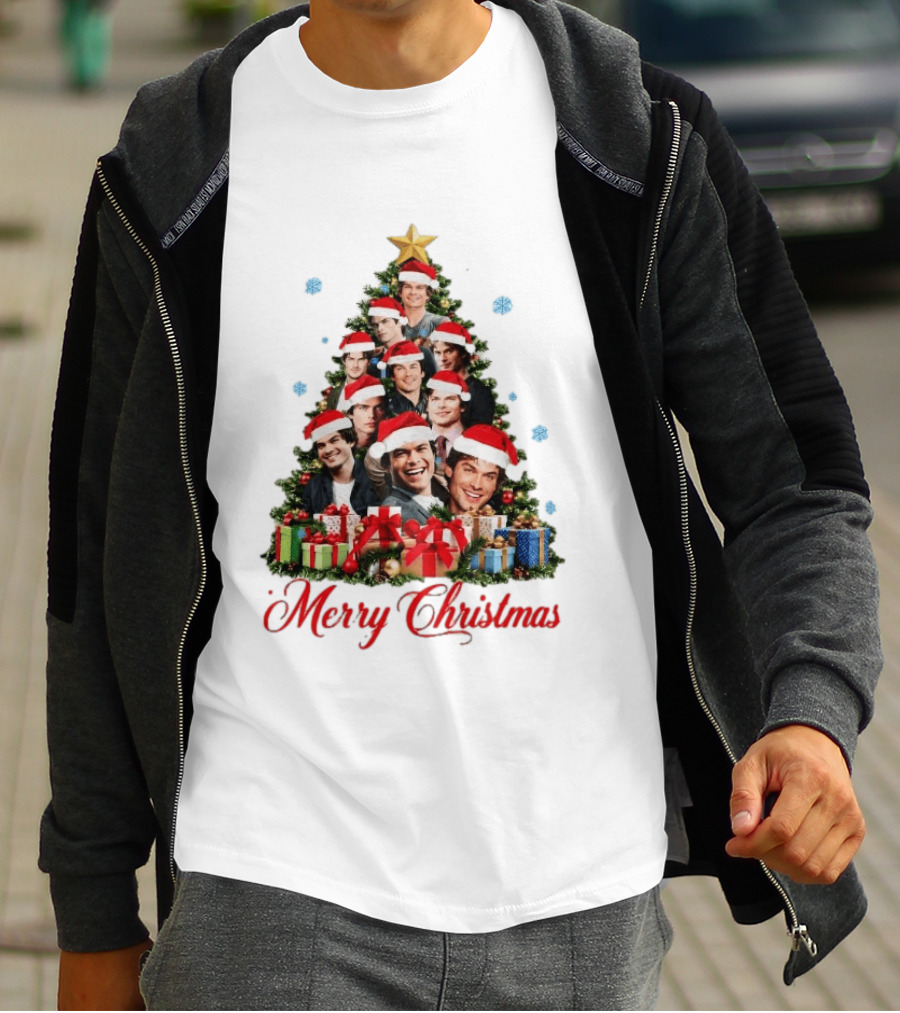 Merry Christmas All I Want For Christmas Is Damon Salvatore Santa Hat Christmas Tree T-Shirt