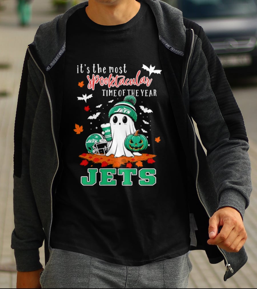 New York Jets Halloween Spooktacular Time Of The Year Football Ghost And Pumpkin T-Shirt